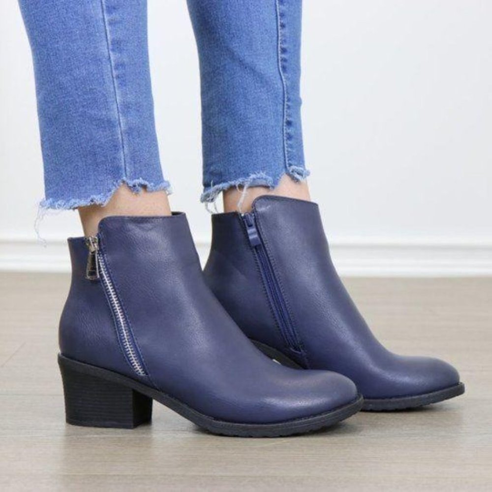 Navy Faux Leather Ankle Boots W/ Silver Zipper - Picture 3 of 8